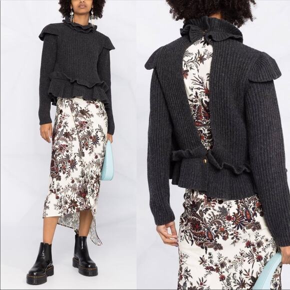 Ganni Phantom Gray Ruffle Open Back Wool Sweater XS NWT - Picture 1 of 12